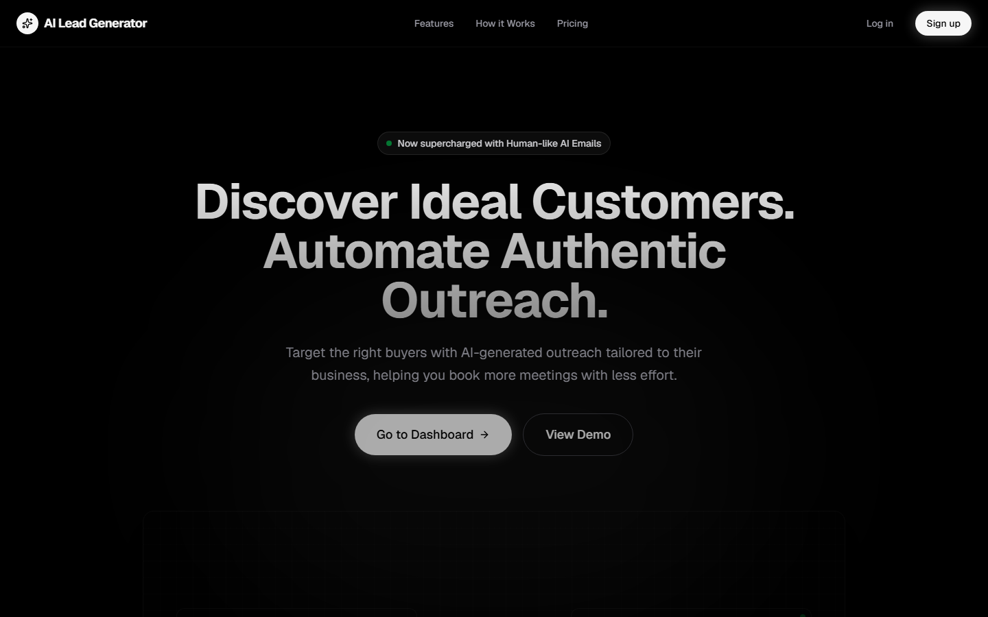 AI Lead Generator homepage highlighting automated, human-like outreach emails