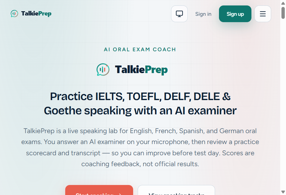 TalkiePrep homepage for AI oral exam speaking practice across eight exams